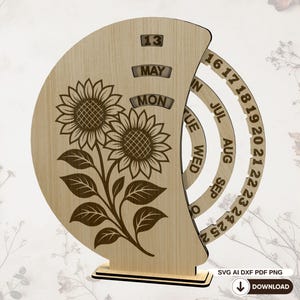 Calendrier Perpétuel Tournesol SVG – Garde-date Floral Rotatif Bois 3 mm, Fichier Découpe Laser Numérique - DXF, AI