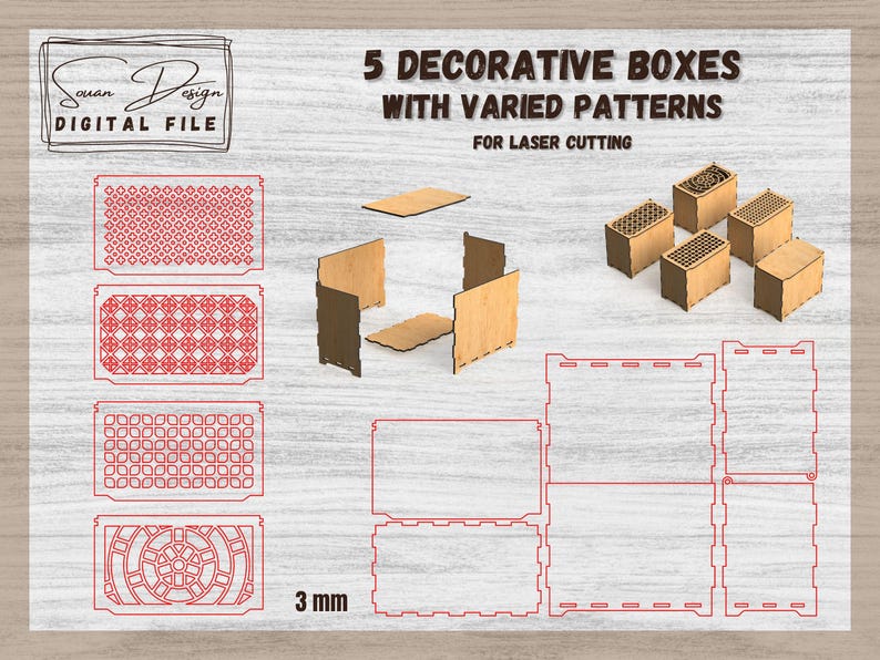 5 Wooden Boxes With Hinged Lid (SVG) | Laser Cut Files With Decorative ...