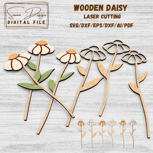 Margherite SVG - File per taglio laser, fiori in legno, disegno vettoriale di piante SVG, Silhouette, Glowforge, file DXF