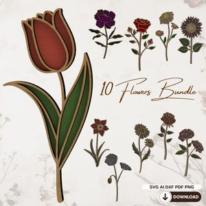 Set de fleurs SVG - Fichier pour Découpe Laser, Fleurs en bois, plante SVG Dessin Vectoriel, Silhouette, Glowforge, Fichiers DXF