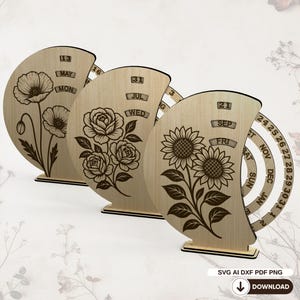 Lot de Calendriers Perpétuels Fleuris – Fichiers SVG Découpe Laser – Coquelicot, Rose & Tournesol – Calendrier Rotatif Vertical en Bois