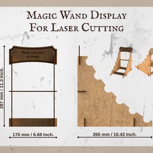 Plan technique du support à baguettes magiques étagé version plus compacte. Dimensions : 287 x 170 mm, profondeur 265 mm. Montre les côtés découpés au laser et les emplacements pour personnalisation.