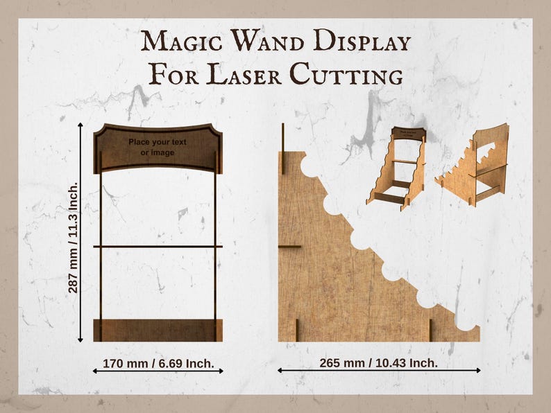 Plan technique du support à baguettes magiques étagé version plus compacte. Dimensions : 287 x 170 mm, profondeur 265 mm. Montre les côtés découpés au laser et les emplacements pour personnalisation.