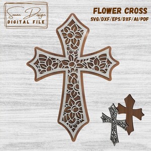 Croix incrusté de fleurs - Fichier numérique pour découpe laser - DXF, SVG, fichier de découpe laser pour croix