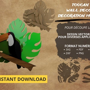 Dessin d'un Toucan pour décor mural en fichier numérique pour découpe laser dessin vectoriel SVG, DXF, AI