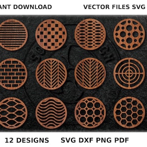 12 Texture Coaster Designs for Laser Cutting/Engraving. Vector Drawing in SVG and DXF Formats
