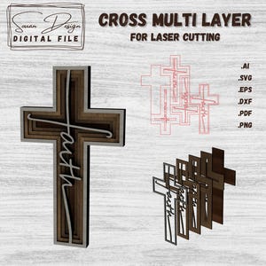 Croix Multicouche SVG avec Inscription "Faith" - Fichiers Découpe Laser - Design Spirituel en Bois - Découpe Facile