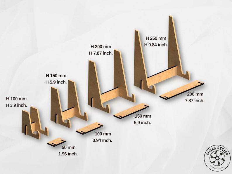 Ensemble de 4 présentoirs en bois de différentes tailles pour cadres, livres ou assiettes. Chaque support est montré avec ses dimensions en millimètres et pouces, allant de 100 mm à 250 mm de hauteur.