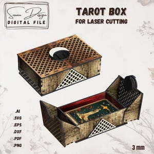 Caixa de Tarô com Fechadura SVG - Arquivos de Corte a Laser de 3mm - Caixa Mística com Padrão de Lua para Cartas de Tarô e Armazenamento - DXF, AI
