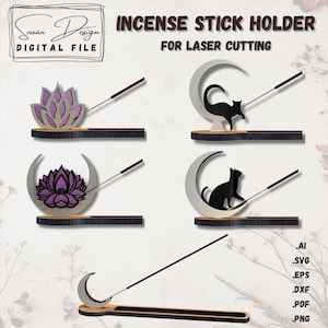 Porte-encens Bâton SVG – Chat & Lotus – Fichiers de Découpe Laser Facile – Accessoire Bien-Être – Support Encens DIY – Zen - Méditation
