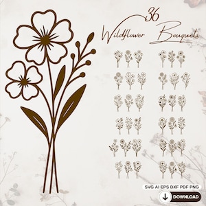 Lot de 36 Bouquets de Fleurs Sauvages – Fichiers SVG à Découper au Laser, Clipart Floral Numérique pour Fête des Mères, Cricut, Glowforge