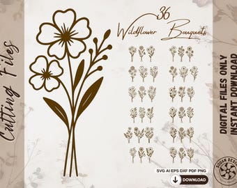 36 Wildflower Bouquet SVG Bundle – Laser Cut Flower Clipart, Botanical Floral SVG, Digital Flower Set, Glowforge, Mother’s Day Crafts