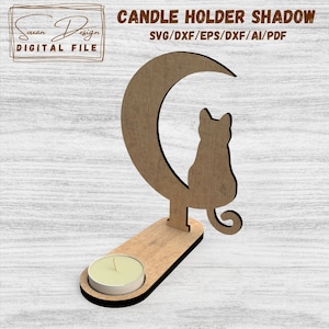 Porte Bougie d'un chat assis sur une lune Ombre - Fichier numérique pour découpe laser - DXF, SVG, Fichiers de découpe pour chats