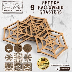 May include: Wooden Halloween-themed coasters featuring spiderwebs, bats, ghosts, and jack-o'-lanterns. The set includes nine coasters with various designs, perfect for seasonal decor. The text on the image says "Spooky Halloween Coasters".