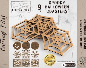 Halloween Coasters SVG-bundel - Lasersnijbestanden (Svg, Dxf, Pdf, AI, Png) - Pompoen, spinnenweb, spookachtige decoratie - 9-pack