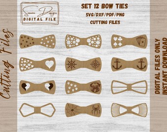 May include: Set of 12 digital files for cutting bow ties. The designs include stars, hearts, anchors, paw prints, a pug, a spider web, a spider, and more. SVG, DXF, PDF, and PNG formats. Digital files only, instant download.