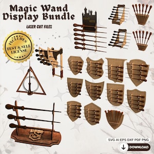 May include: A collection of laser-cut wooden wand display designs. Includes various styles such as wand holders, shield-shaped displays, and a Deathly Hallows symbol. The image also features the text "Magic Wand Display Bundle" and "Laser Cut Files".