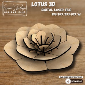 レーザーカット用3D蓮の花パズルファイル - SVG DXFデジタル - 装飾用木製花