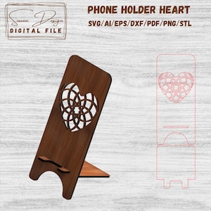 Support Téléphone SVG - fichier découpe Laser - Design Cœur Romantique - dessin vectoriel - Silhouette, Glowforge, Fichiers DXF pour laser