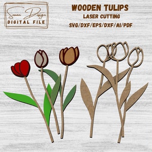 Tulpen SVG - Bestand voor lasersnijden, houten bloemen, Plant SVG Vector Tekening, Silhouet, Glowforge, DXF-bestanden