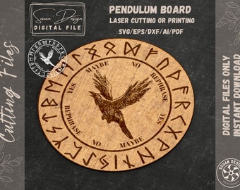 Raven Pendulum Board SVG – Dowsing Board Viking Runes Laser Cut File · Esoteric Divination · Dxf AI Eps Pdf Png