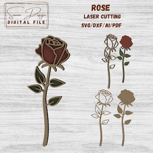 Rose SVG - Fichier pour Découpe Laser, Fleurs en bois, plante SVG Dessin Vectoriel, Silhouette, Glowforge, Fichiers DXF