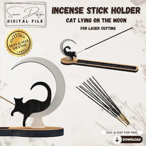 Op de afbeelding: Digitaal bestand voor een lasergesneden wierookstokhouder. Het ontwerp toont een zwarte kat op een halve maan. De tekst luidt "Incense Stick Holder Cat Lying on the Moon for Laser Cutting."