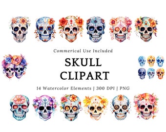 Watercolor Skull Clipart Set, Day of the Dead/ Dia de los Muertos, Digital Download PNG Files, Commercial License Included