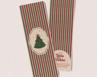 May include: Two Christmas-themed bookmarks. Each bookmark has a vertical striped pattern in red and green. One bookmark features a cream-colored oval with a Christmas tree design. The text "Little Willow" is visible.