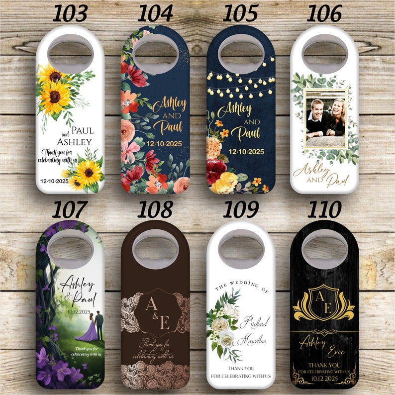 May include: Ten different designs for bottle stoppers. Each bottle stopper has a different design featuring floral patterns, a couple's photo, and text with names and dates. The bottle stoppers are white, black, brown, and cream.