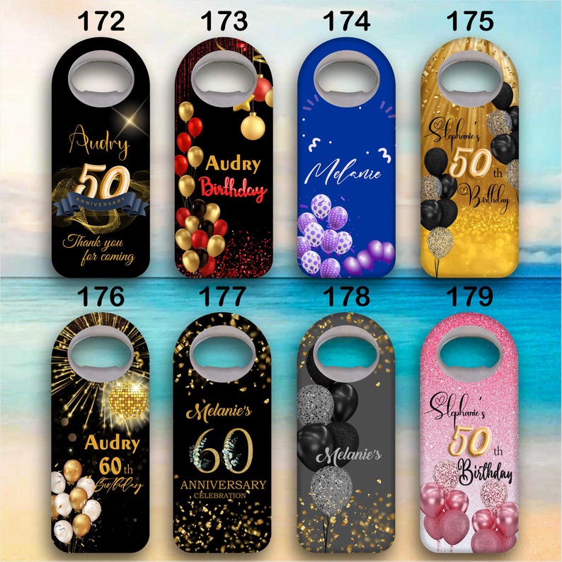 May include: Ten different bottle opener designs with various birthday themes. The designs feature colorful balloons, confetti, and text that says "Audry", "Melanie", and "Stephanie".