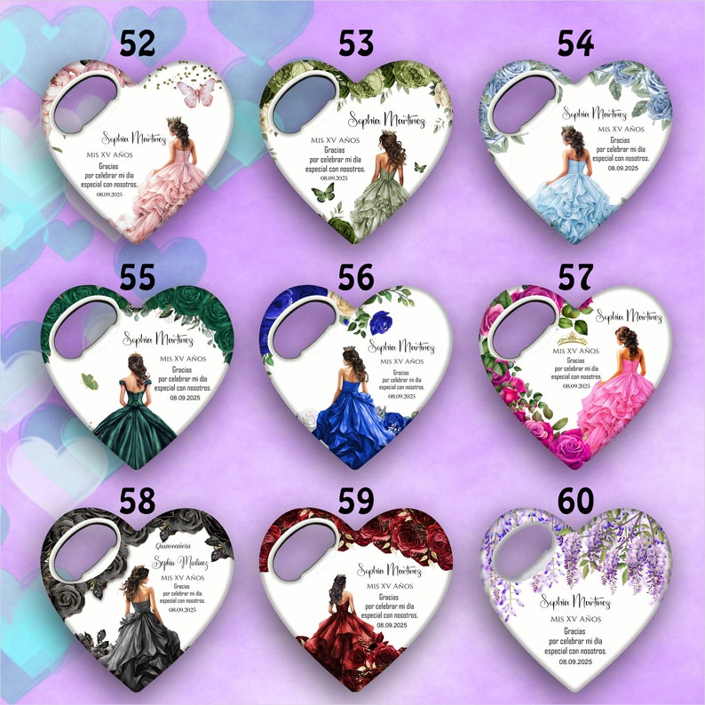 May include: Set of ten heart-shaped bottle openers with a floral design and a personalised message. Each opener features a different floral pattern and a message that says "MIS XV A&Ntilde;OS" and "Gracias por celebrar mi d&iacute;a especial con nosotros".