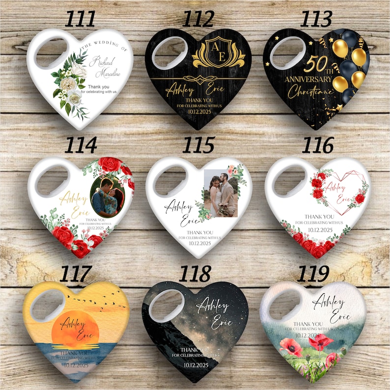May include: Set of 10 heart-shaped bottle openers with various designs. The designs include floral patterns, a couple's photo, a sunset, a starry sky, and a 50th anniversary celebration. Each opener has a white handle and a heart-shaped design with a different image on the front. The text "Ashley Evie" and "Thank you for celebrating with us" is included on most of the openers.