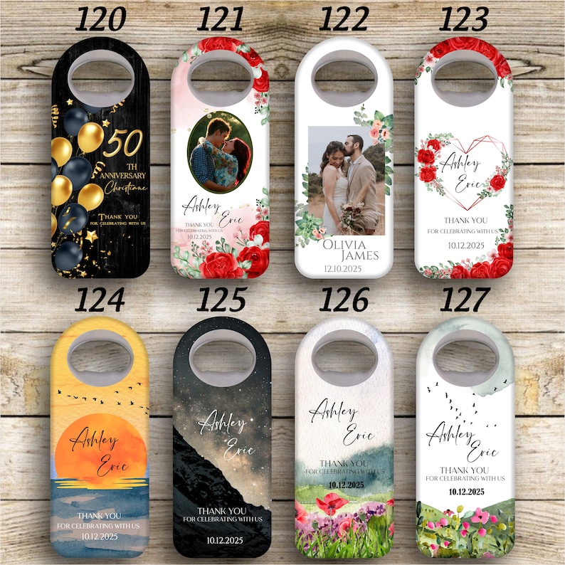 May include: Set of ten personalized bottle stoppers with various designs. The designs include a 50th anniversary theme, a couple's photo, a floral design, a sunset, a galaxy, and a floral design with the text "Ashley Eric" and "Thank you for celebrating with us 10.12.2025".