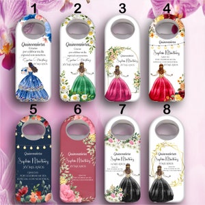 May include: Set of ten bottle openers featuring a quincea&ntilde;era theme. Each opener has a different design with a girl in a gown, flowers, and lights. The text on the openers says "Quincea&ntilde;era" and "Sophia Martinez" with the number "XV" or "15" and the words "Mis A&ntilde;os".