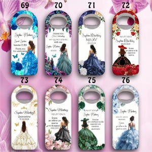 May include: Ten different designs for bottle openers featuring a quincea&ntilde;era theme. Each design features a different floral pattern and a young woman in a formal gown. The text on the bottle openers includes the name "Sophia Martinez", the date of the event, and the phrase "Mis XV A&ntilde;os".