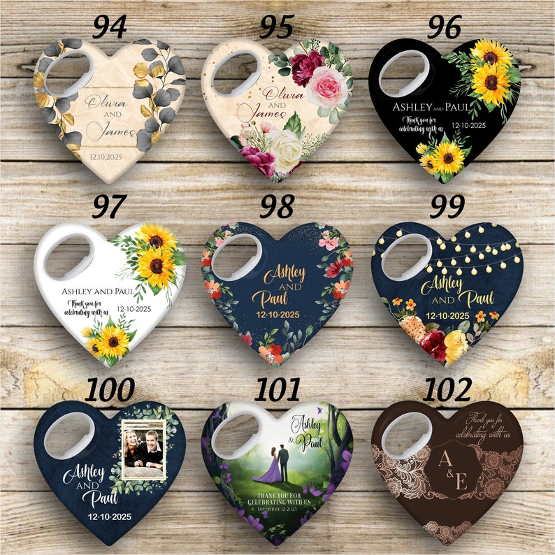 May include: Set of ten heart-shaped bottle openers with various designs. The designs include floral patterns, sunflowers, a couple in a forest, a couple in a wedding dress, and a couple's initials. The bottle openers are all white with a silver bottle opener.