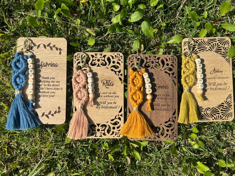 Personalized Wooden and Macrame Keychains, Wedding Gift for Bridesmaid ...