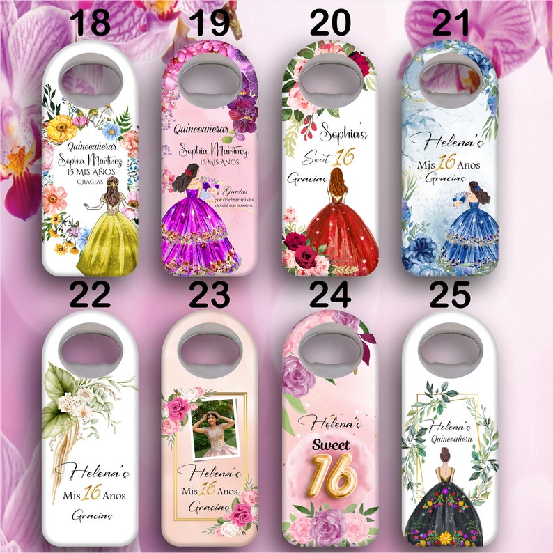 May include: Set of ten bottle openers featuring floral designs and personalised text. Each opener has a different design with a floral background and a girl in a dress. The text on the openers includes names, ages, and the phrase "Sweet 16".