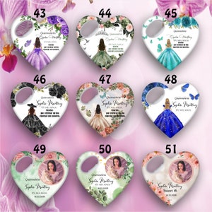 May include: Set of ten heart-shaped bottle openers with a quincea&ntilde;era theme. Each opener features a different design with butterflies, flowers, and a girl in a dress. The text "Quincea&ntilde;era" and "Sophia Martinez" is included on each opener.
