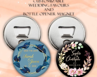 May include: Two customizable wedding favor bottle opener magnets. One magnet features a blue and gold floral design with the text "Save the Date Sarah & Jason 21-12-2026". The other magnet features a black background with a pink and white floral design and the text "Sophie & Christophe Monday July 15 2023 at 5 PM".