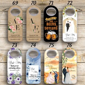 May include: Set of ten bottle openers with various designs. Some feature floral patterns, others have wedding themes, and one has a beer and 50 years design. All are white with a silver bottle opener.
