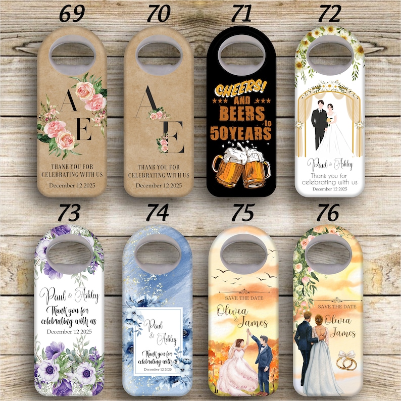 May include: Set of ten bottle openers with various designs. Some feature floral patterns, others have wedding themes, and one has a beer and 50 years design. All are white with a silver bottle opener.