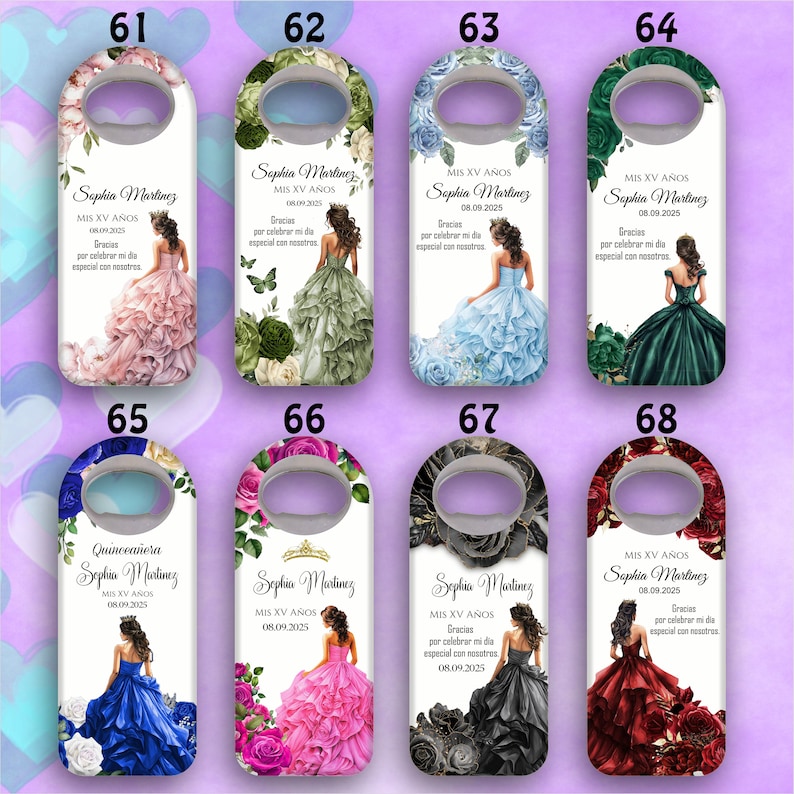 May include: Ten different designs for bottle stoppers featuring a quincea&ntilde;era theme. Each design has a different colour scheme and floral pattern. The text on the bottle stoppers says "Sophia Martinez" and "MIS XV A&Ntilde;OS".