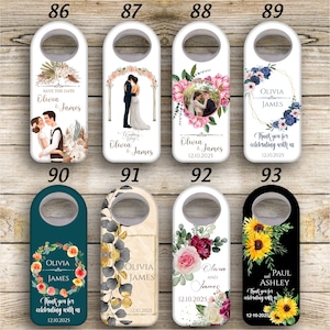 May include: Set of ten white bottle openers with different wedding-themed designs. Each bottle opener features a floral design, a couple, or a wedding date. The bottle openers are numbered 86 through 93.