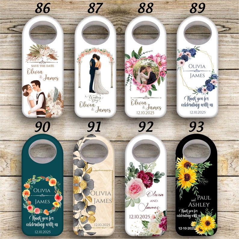 May include: Set of ten white bottle openers with different wedding-themed designs. Each bottle opener features a floral design, a couple, or a wedding date. The bottle openers are numbered 86 through 93.