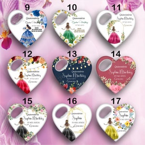 May include: Set of 10 heart-shaped bottle openers with a quincea&ntilde;era theme. Each opener features a different floral design and a girl in a dress. The text on the openers says "Quincea&ntilde;era" and "Sophia Martinez" with the number "15" or "XV" and the word "Gracias".