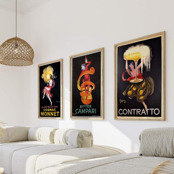 Set of 3 Leonetto Cappiello Prints | Campari Cognac Contratto Artwork, Three Piece French Alcohol Advertisment Posters, Bar Drink Wall Art