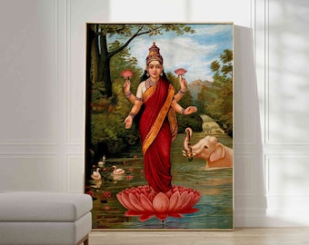 Raja Ravi Varma Goddess Lakshmi No2 | Indian Portrait Painting, Vintage Print, Fine Wall Art Poster Artwork Pictures