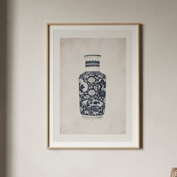 Antique Chinoiserie Vase Print | Blue Flower Container Wall Art, Bedside Table Artwork Poster, Sideboard Illustration, Home Decor NoEG6B